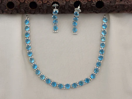 Elegant Silver Polished CZ Stone Necklace Set with Earrings for Women (Sky Blue)KJ-1102-BE.CA