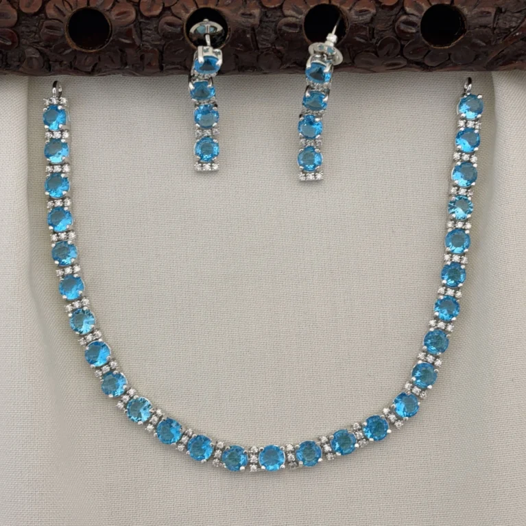 Elegant Silver Polished CZ Stone Necklace Set with Earrings for Women (Sky Blue)KJ-1102-BE.CA