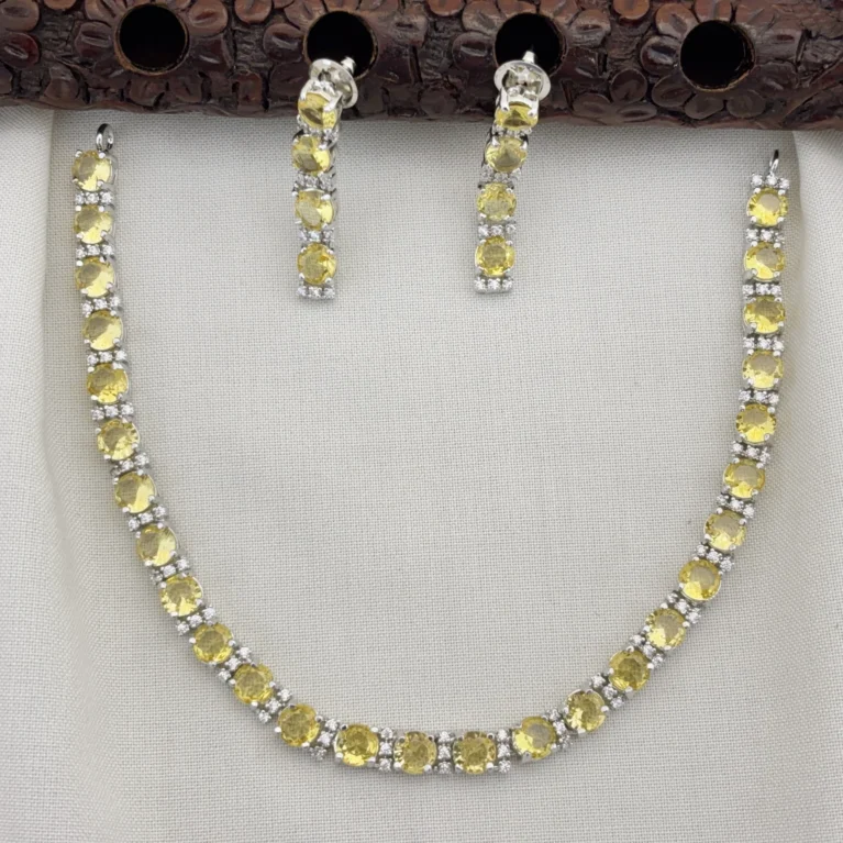 Elegant Silver Polished CZ Stone Necklace Set with Earrings for Women (YELLOW)KJ-1110-BE.CA