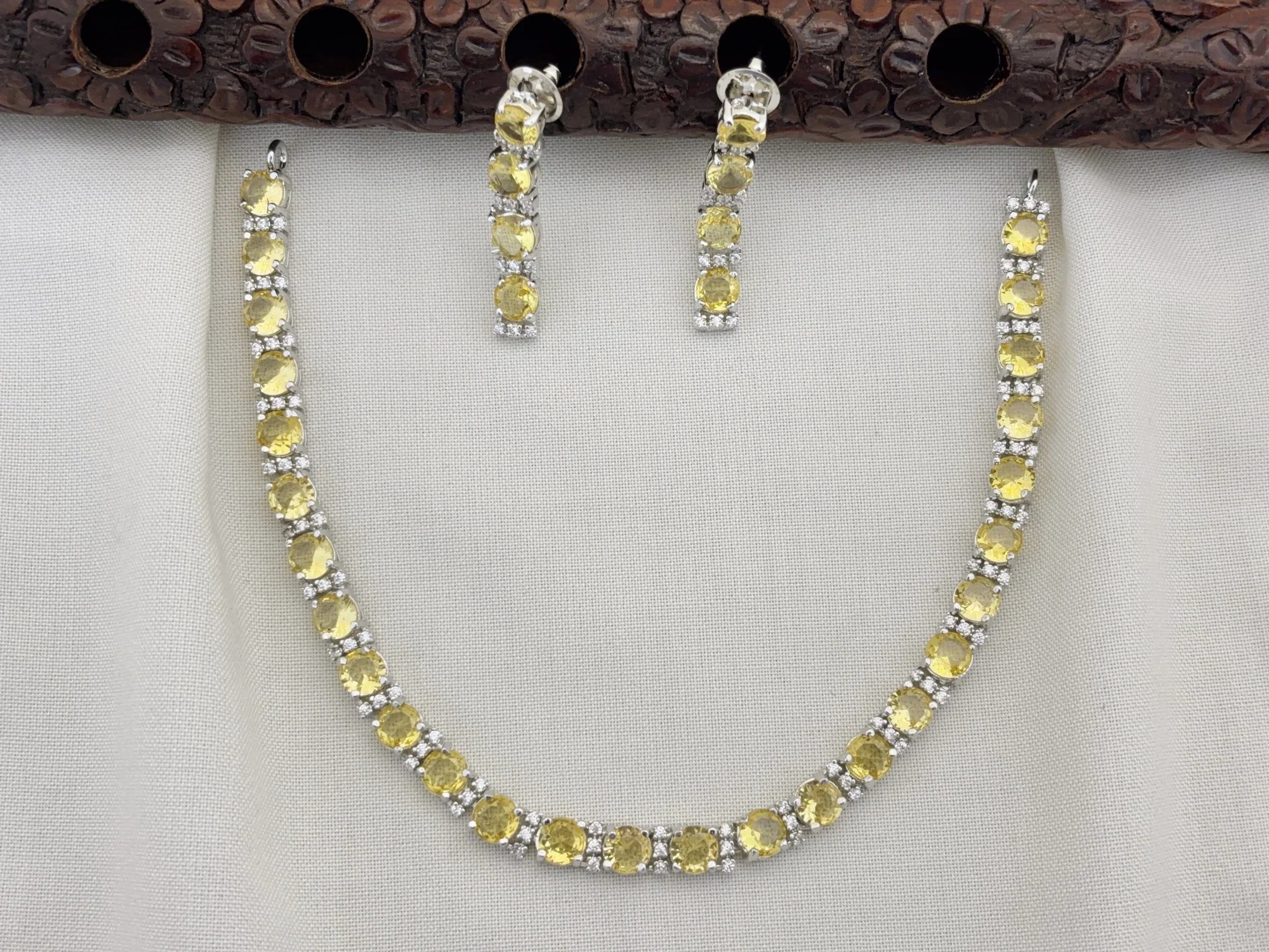 Elegant Silver Polished CZ Stone Necklace Set with Earrings for Women (YELLOW)KJ-1110-BE.CA