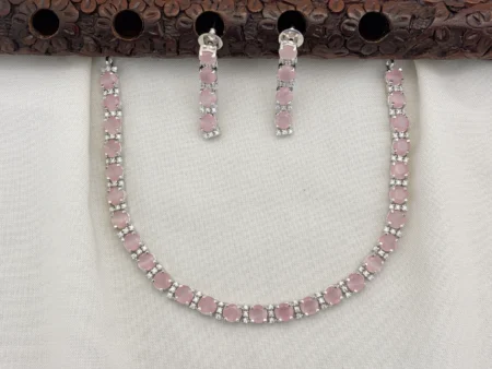 Elegant Silver Polished CZ Stone Necklace Set with Earrings for Women (LIGHT PINK)KJ-1112-BE.CA