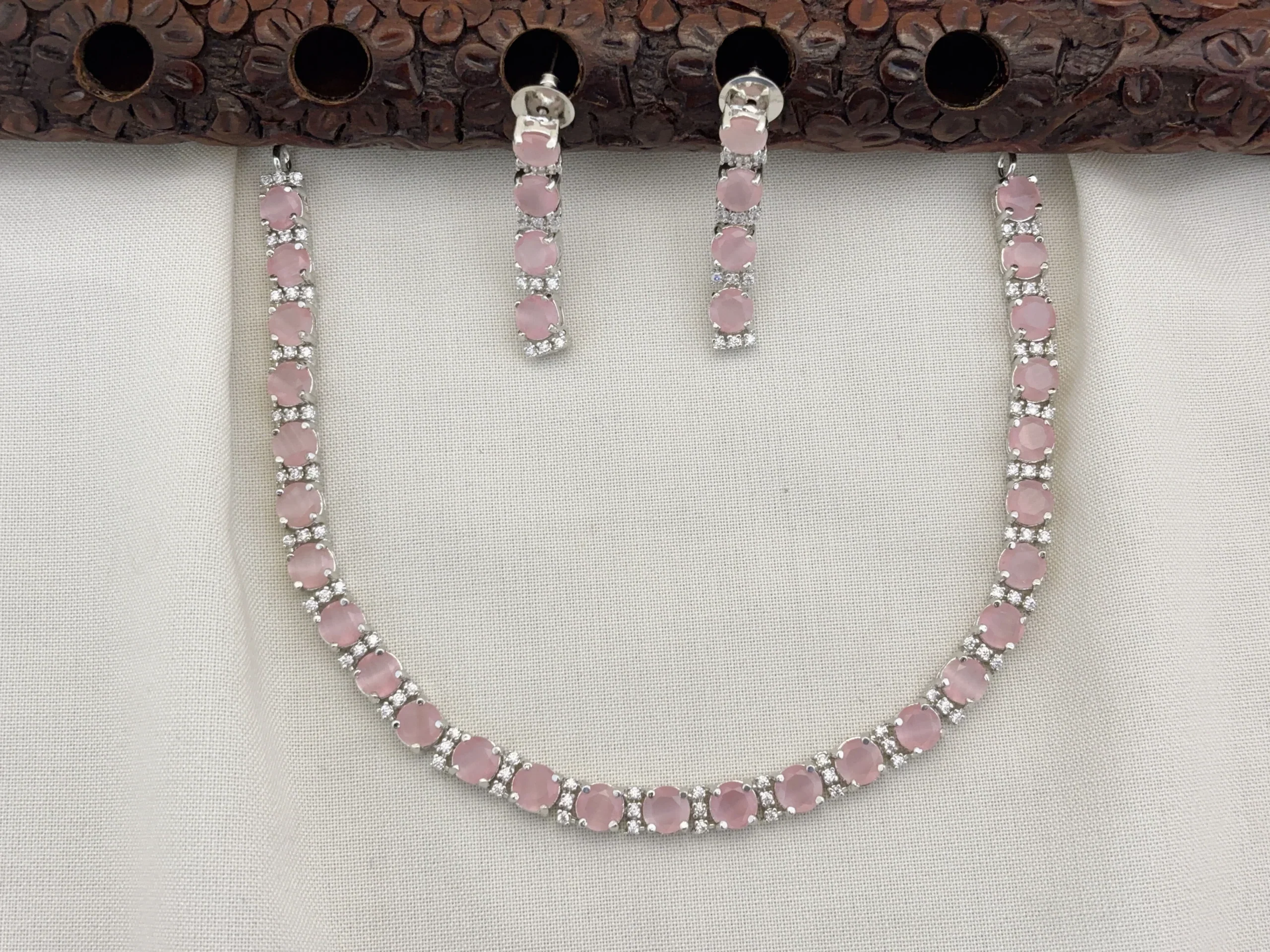 Elegant Silver Polished CZ Stone Necklace Set with Earrings for Women (LIGHT PINK)KJ-1112-BE.CA
