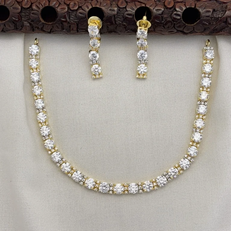 Elegant Dual Tone CZ Stone Necklace Set with Earrings for Women (WHITE)KJ-1112-BD.BSA