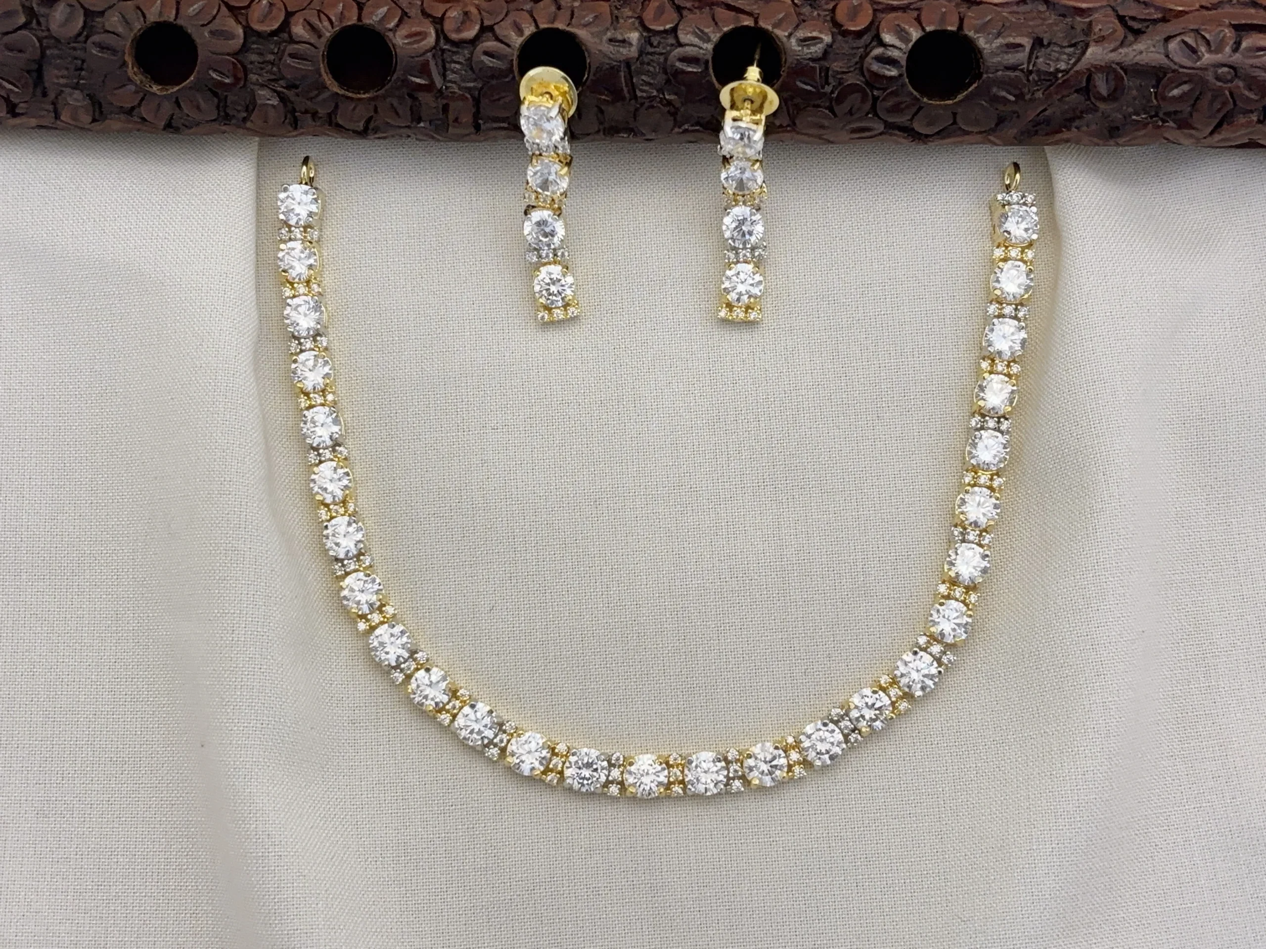 Elegant Dual Tone CZ Stone Necklace Set with Earrings for Women (WHITE)KJ-1112-BD.BSA