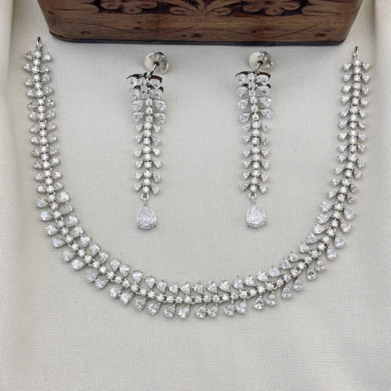 Designer Silver Polished CZ Necklace  Set with Earrings for Women (White)KJ-1119-BD.EA