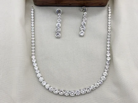 Dazzling Single Line Silver Polished CZ Necklace  Set with Earrings for Women (White)KJ-1121-BE.EA