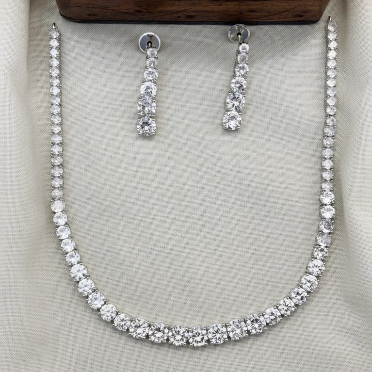 Dazzling Single Line Silver Polished CZ Necklace  Set with Earrings for Women (White)KJ-1121-BE.EA