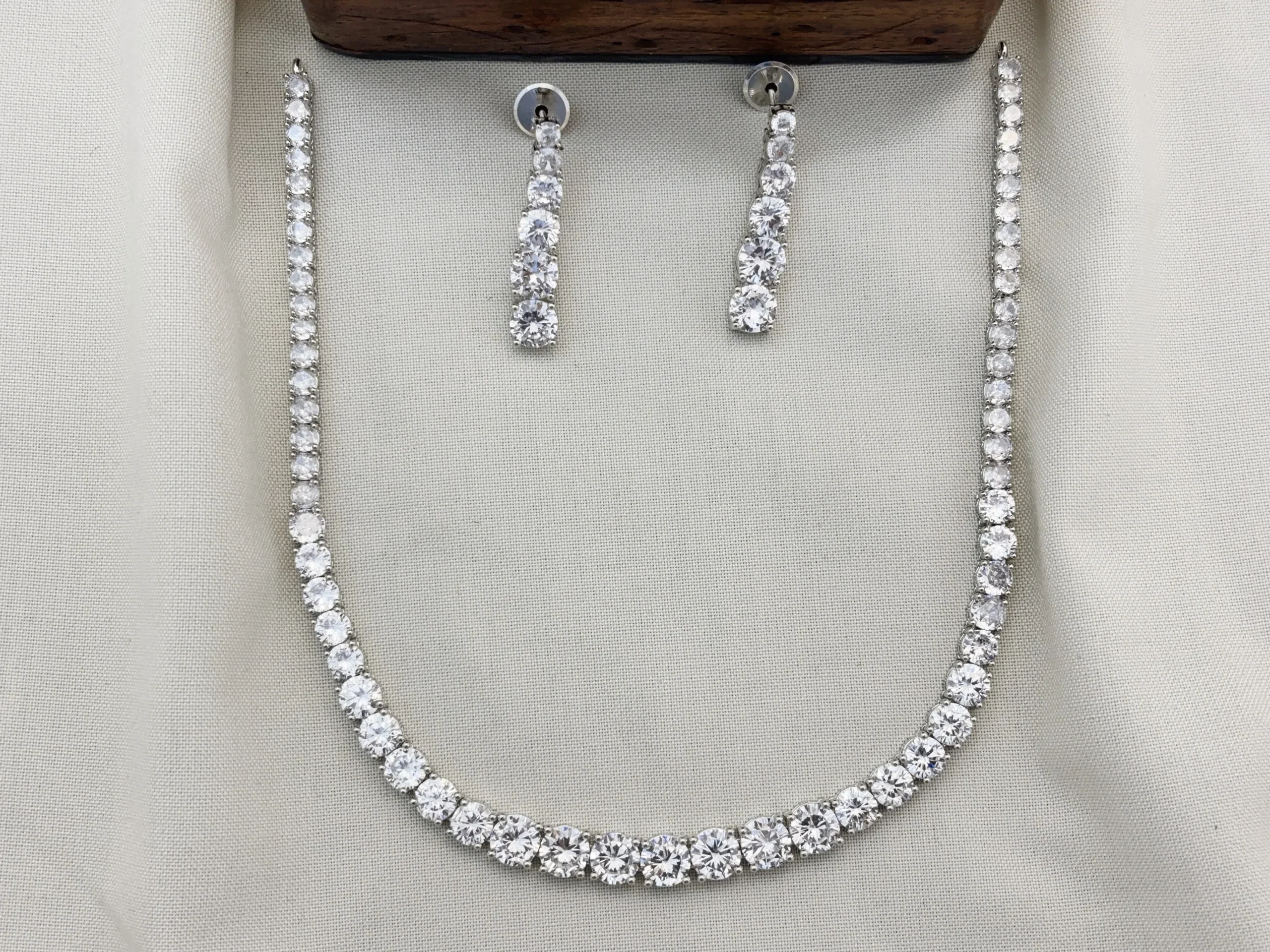 Dazzling Single Line Silver Polished CZ Necklace  Set with Earrings for Women (White)KJ-1121-BE.EA