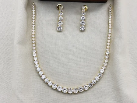 Dazzling Single Line Gold Polished CZ Necklace  Set with Earrings for Women (White)KJ-1123-BD.K