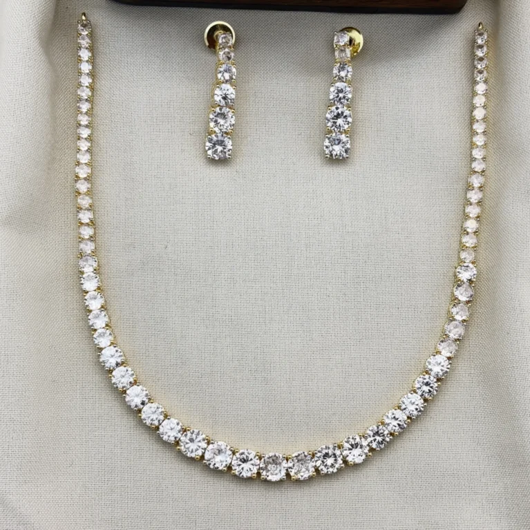 Dazzling Single Line Gold Polished CZ Necklace  Set with Earrings for Women (White)KJ-1123-BD.K