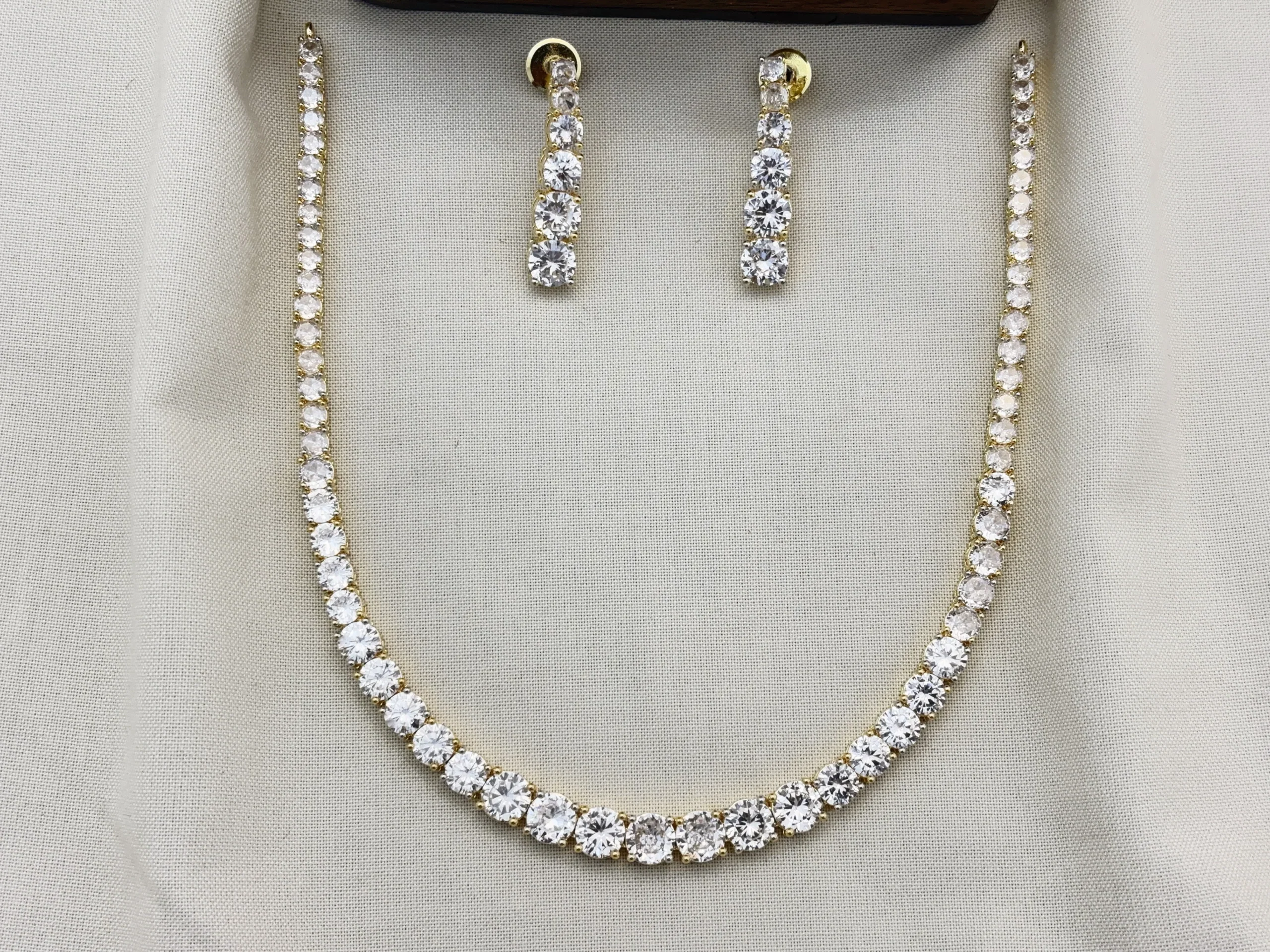 Dazzling Single Line Gold Polished CZ Necklace  Set with Earrings for Women (White)KJ-1123-BD.K