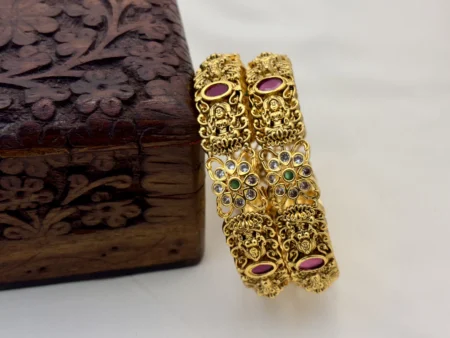 Matte Finish Lakshmi Temple Bangles for Women | Traditional Brass Bangles | Antique Gold Finish – Kasim Jewellers