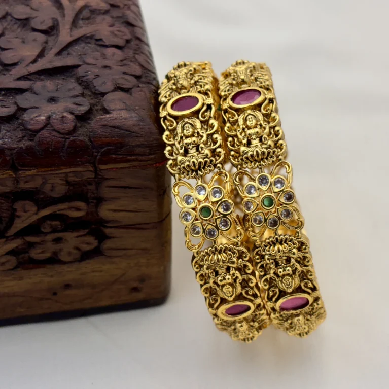 Matte Finish Lakshmi Temple Bangles for Women | Traditional Brass Bangles | Antique Gold Finish – Kasim Jewellers
