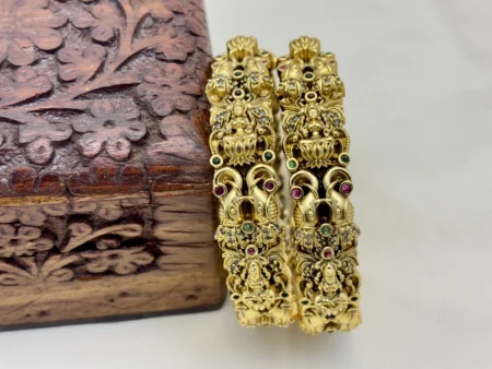 Matte Finish Lakshmi with Peacock Design CZ Stone Studded Brass Bangles for Women – Kasim Jewellers