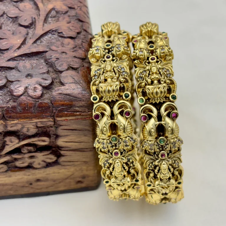 Matte Finish Lakshmi with Peacock Design CZ Stone Studded Brass Bangles for Women – Kasim Jewellers